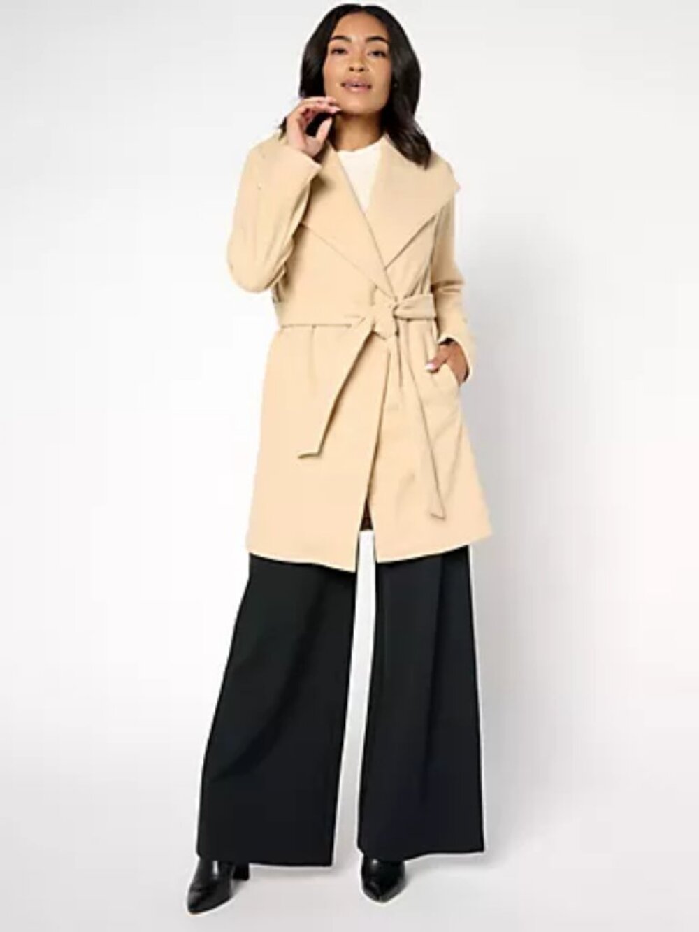 Studio Park x Amy Stran Brushed Double Knit Wrap Coat, Latte Sz  a667584